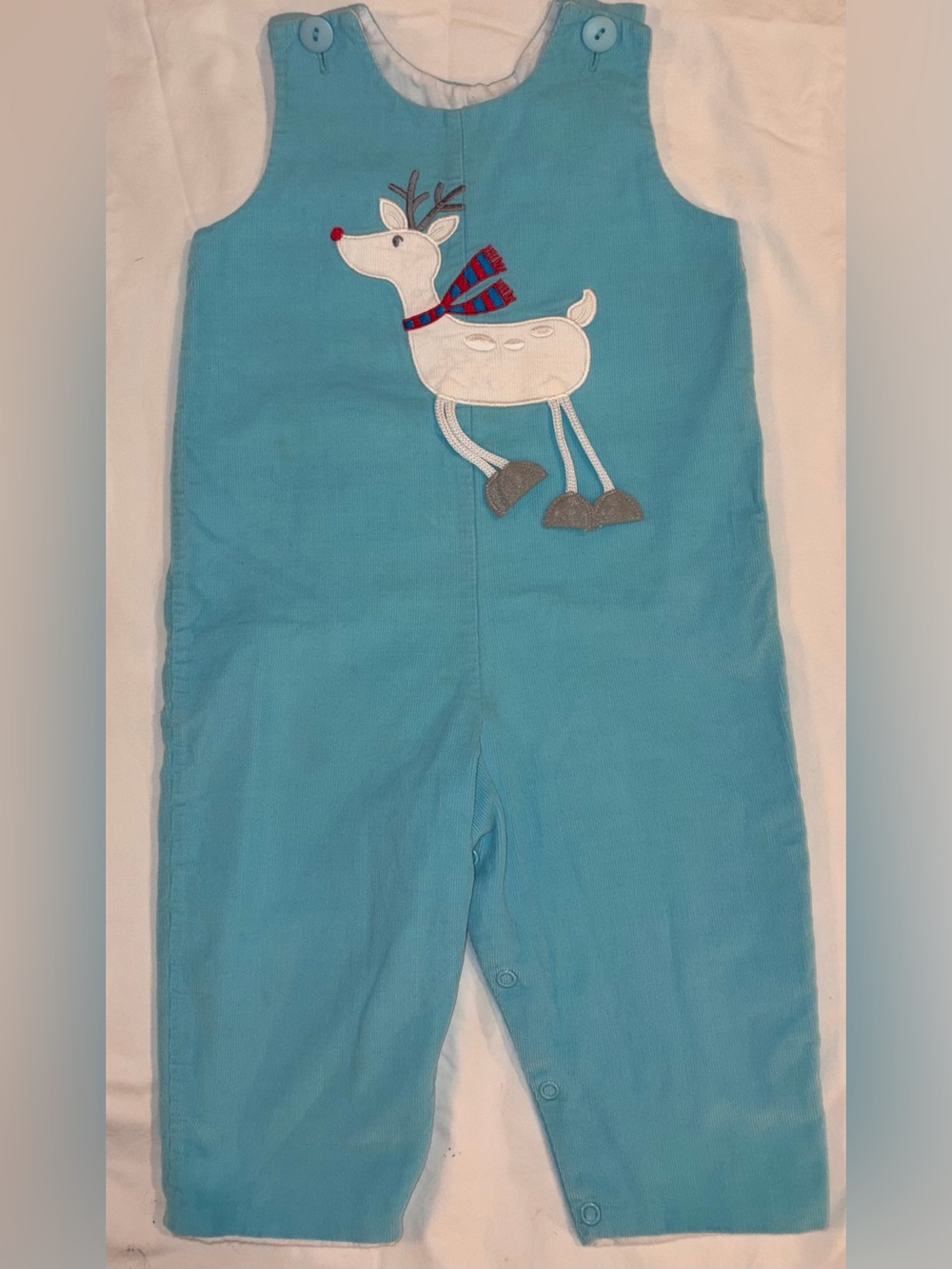 Mulberry Street turquoise corduroy Long Jon Jon with Reindeer Applique sz 18 mo
